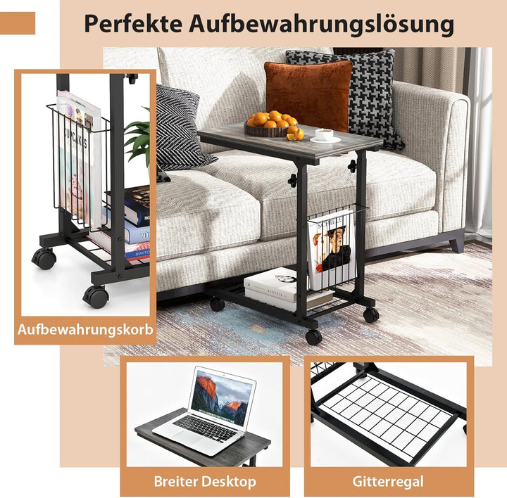 COSTWAY Beistelltisch mit Rollen, Laptoptisch höhenverstellbar, mit Aufbewahrungskorb, Sofatisch C-F