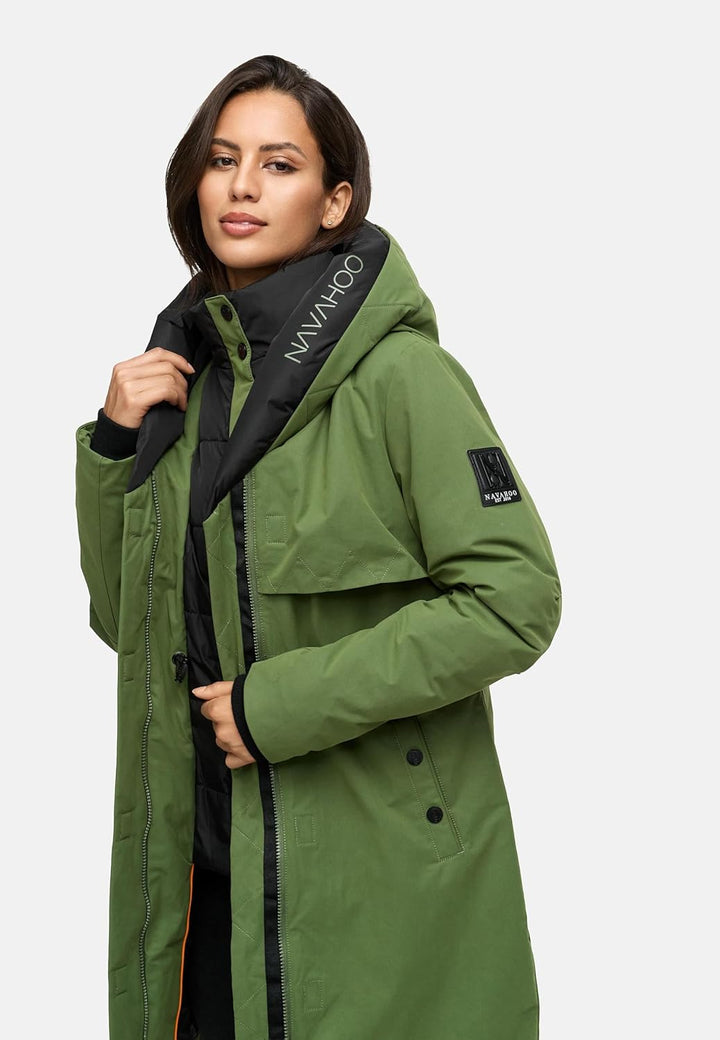 Navahoo Damen Mantel Lange warme Winter Steppjacke mit Kapuze und magnetischen Elementen Snowelf XS-