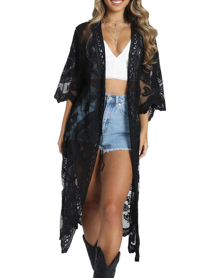 Bsubseach Badeanzug Cover Up für Frauen Lace Sheer Floral Kimono Cardigans Mesh Long Strand Dress E-