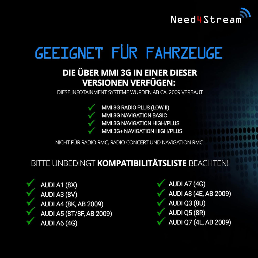Need4Stream Bluetooth Audio Interface mit Titelanzeige, N4S73615 A2DP, kompatibel mit Audi MMI 3G, A