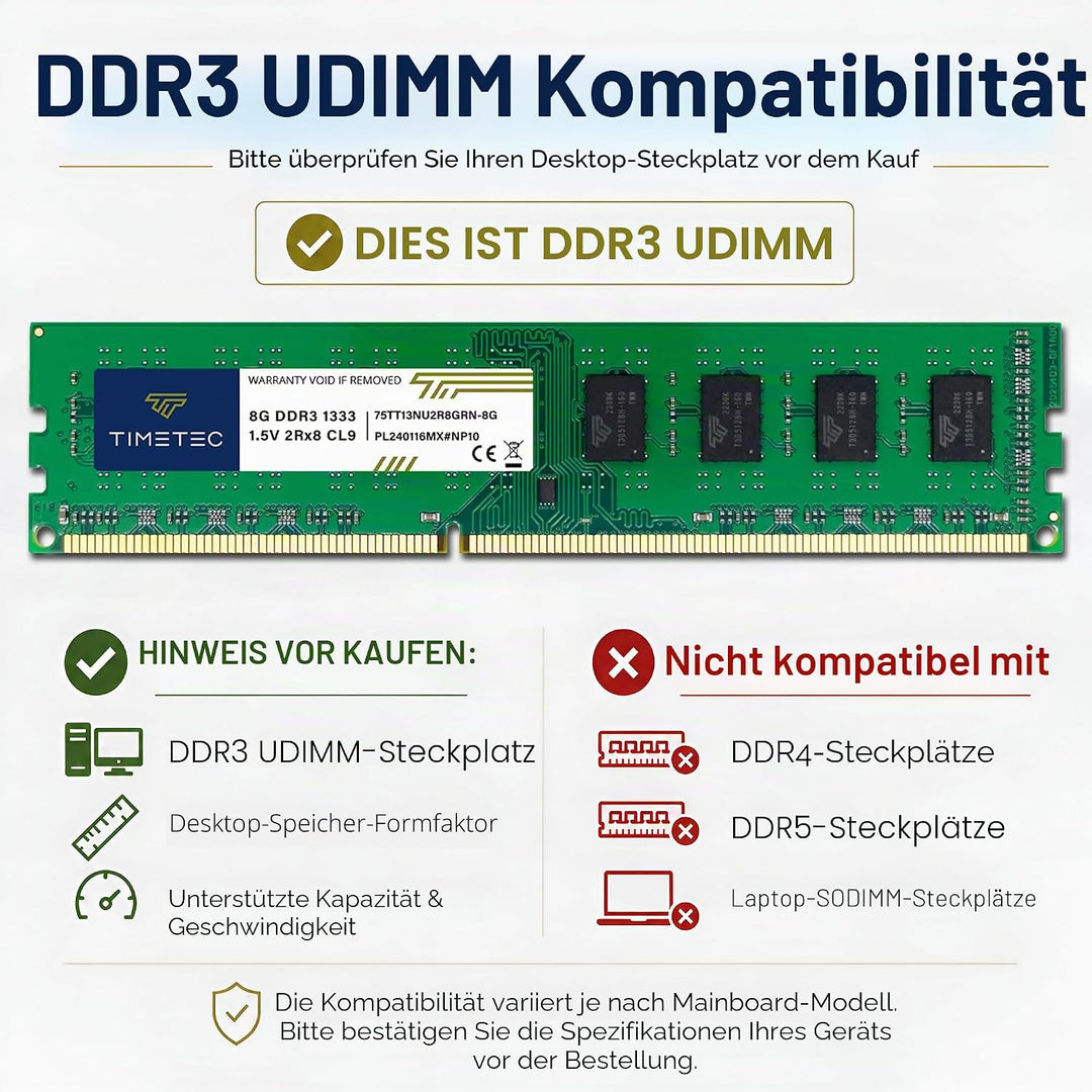 Timetec 8 GB DDR3 1333 MHz PC3-10600 Non-ECC Ungepuffert 1,5 V CL9 2Rx8 Dual Rank 240 Pin UDIMM Desk