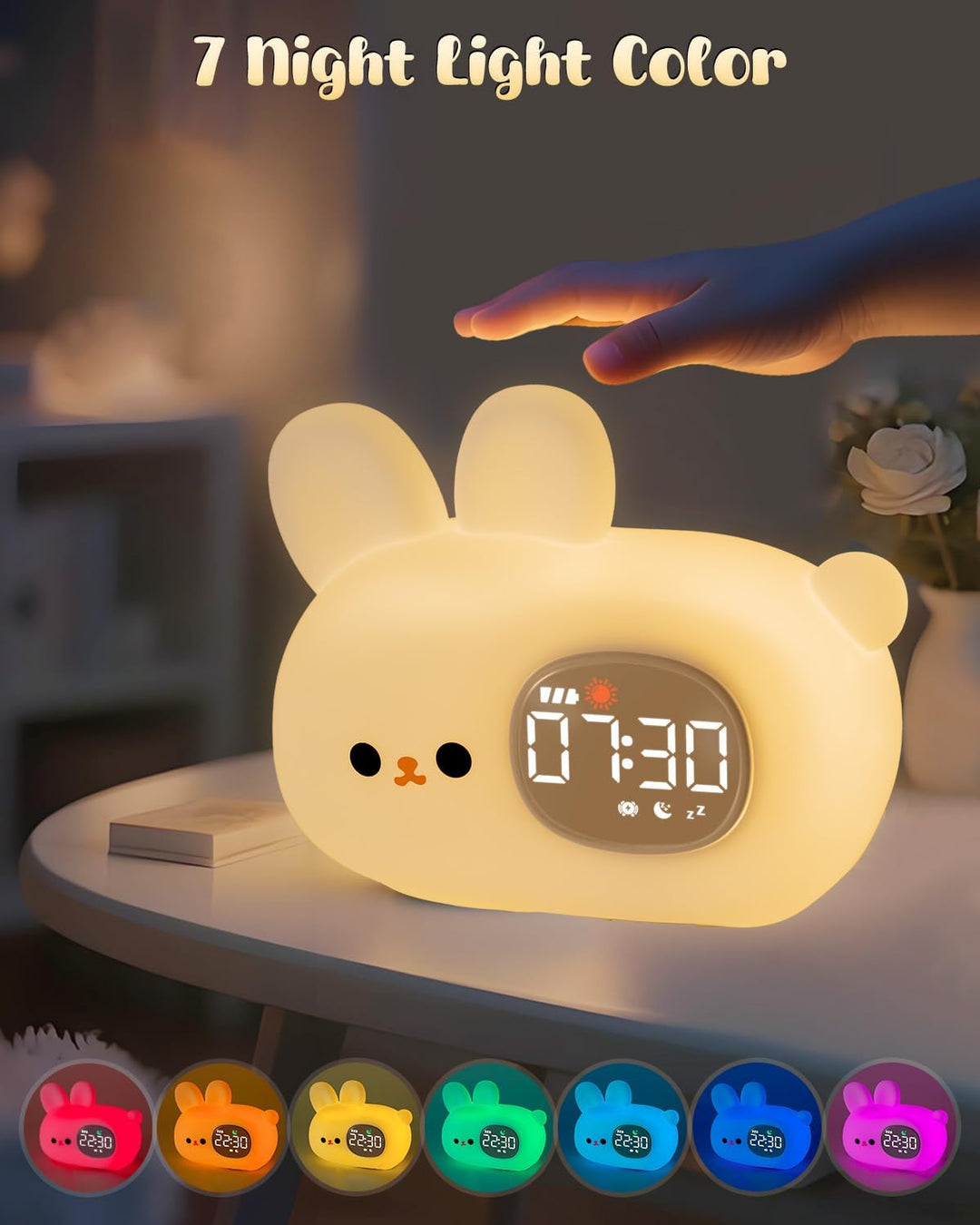 Yiliaw Hasen Kinderwecker mit Nachtlicht – Schlaftrainer & Aufwachuhr, wiederaufladbare Silikonlampe