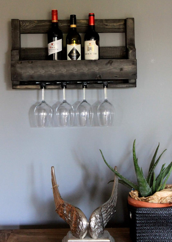Dekorie Weinregal aus Holz für die Wand - mit Gläserhalter - Schwarz - fertig montiert - Regal für W