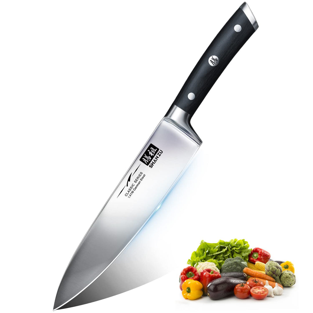 SHAN ZU Kochmesser Deutscher Edelstahl 20cm Küchenmesser Extra Scharfe Messerklinge mit ergonomische