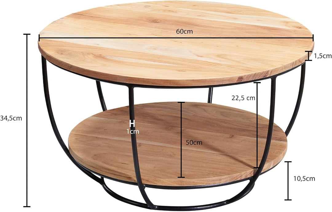 FineBuy Couchtisch 60x34,5x60 cm Akazie Massivholz/Metall Sofatisch | Design Wohnzimmertisch Rund |