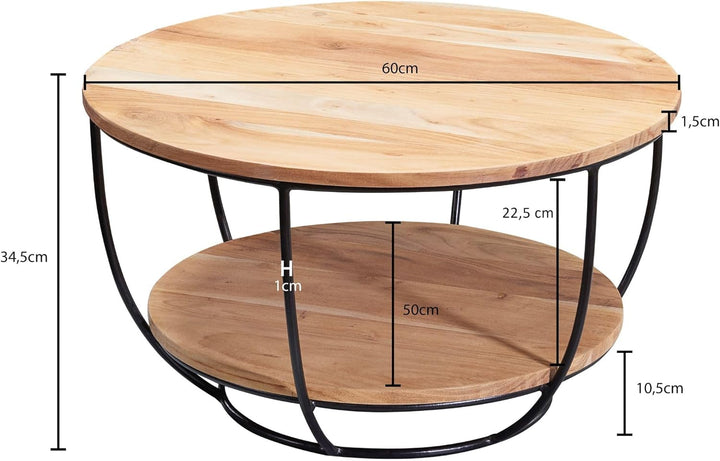 FineBuy Couchtisch 60x34,5x60 cm Akazie Massivholz/Metall Sofatisch | Design Wohnzimmertisch Rund |