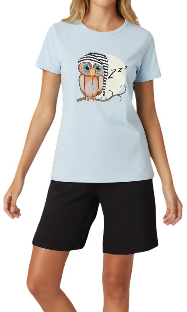 Mädchen Schlafanzug kurz - weicher Single-Jersey aus 100% Baumwolle, mit Motiv Eule vor Mond in der