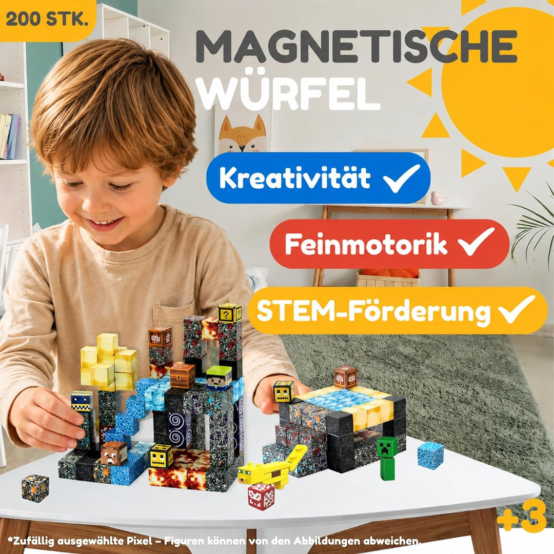 Magnetische Bausteine 200 Teile - Konstruktionsspielzeug mit Magneten ab 3 Jahren, Magnetwürfel inkl