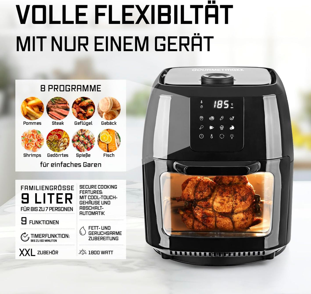 GOURMETmaxx Digitale XXL Heissluft-Fritteuse 9 Liter | Frittieren ohne Fett, Fritteuse, Ofen und Dre