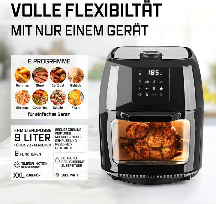 GOURMETmaxx Digitale XXL Heissluft-Fritteuse 9 Liter | Frittieren ohne Fett, Fritteuse, Ofen und Dre