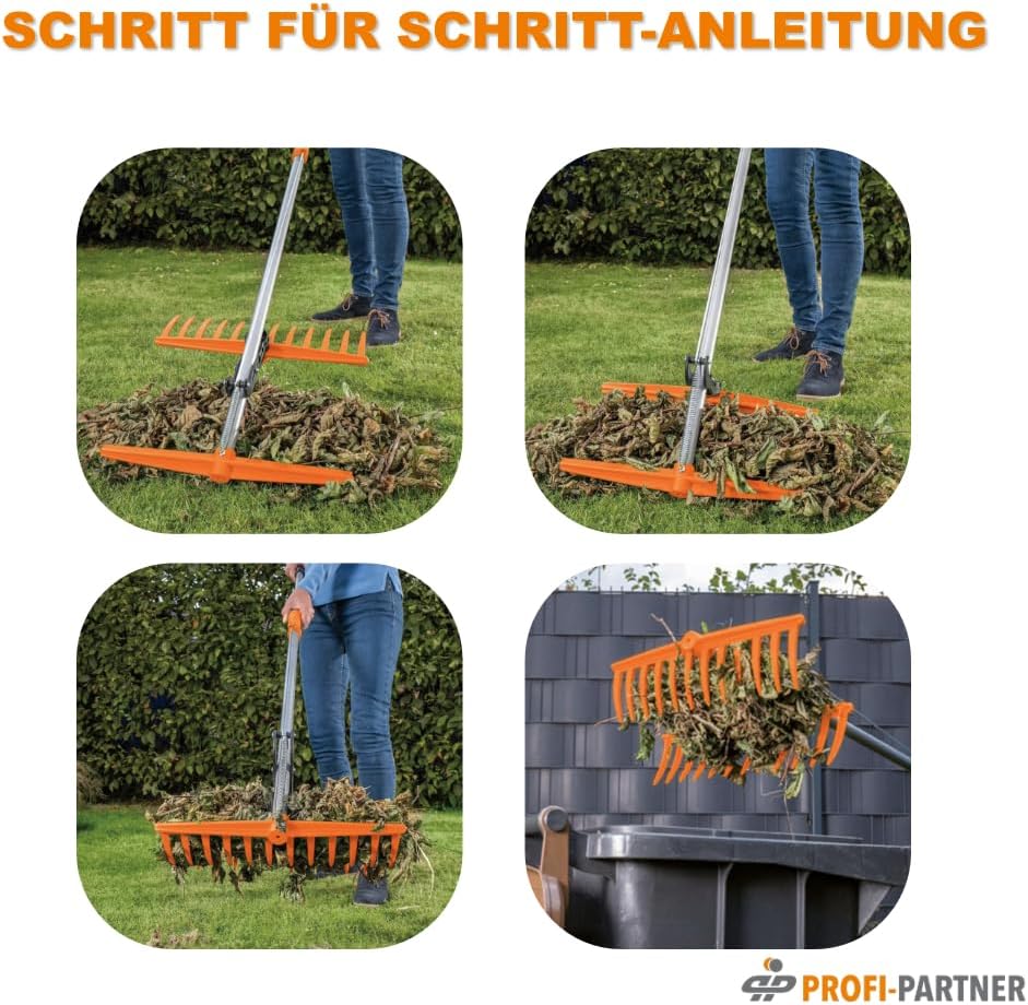 Greif-Rechen mit langem Stiel, Laubrechen mit Greiffunktion, Fächerbesen, Gartengerät zum Laub entfe