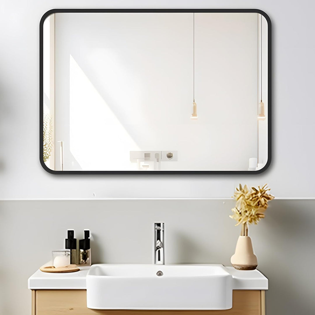 MIQU Badezimmerspiegel 80x60 cm Wandspiegel Gross Badspiegel ohne Beleuchtung Rechteckig mit Schwarz