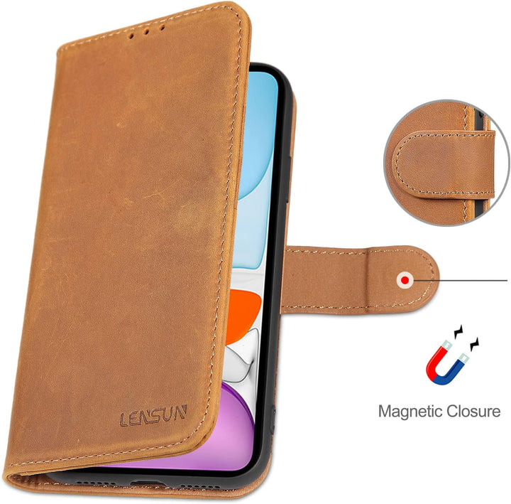 LENSUN Echtleder Hülle für iPhone 11, Handyhülle [Echtes Leder][Magnetverschluss][RFID Schutz] Handy