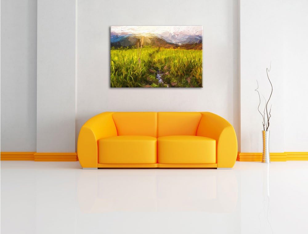 Pixxprint Reisfeld Plantage in Asien Kunst Pinsel Effekt, Format: 100x70 auf Leinwand, 100x70