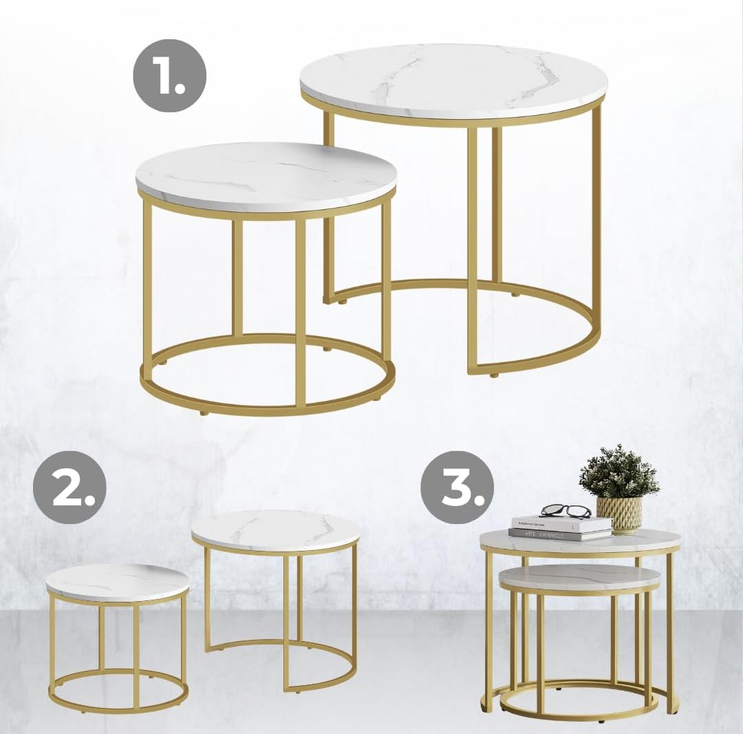 FORTENA 2er Set Couchtische, Schwarze oder goldene Metallbeine, Industrial-Stil, Raund (Marmor – gol