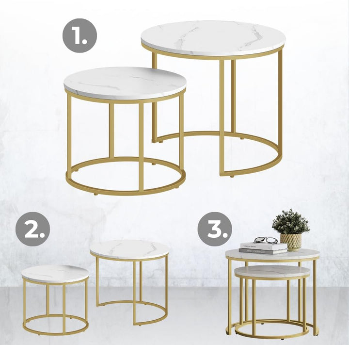 FORTENA 2er Set Couchtische, Schwarze oder goldene Metallbeine, Industrial-Stil, Raund (Marmor – gol