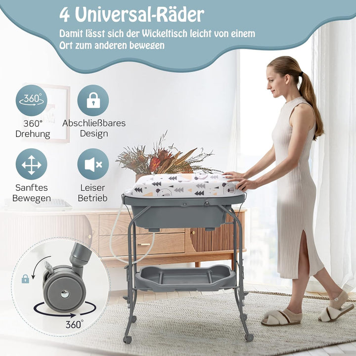 DREAMADE 2 in 1 Wickeltisch & Badewanne mit Gestell, Wickeltisch Klappbar, Wickelkommode auf Rollen