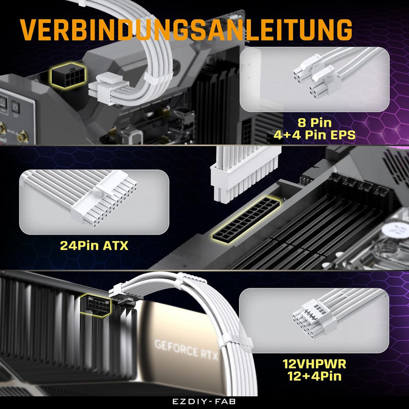 EZDIY-FAB PCIE 5.0 12VHPWR Sleeved Cable Kit, 16AWG Stromversorgungskabel Verlängerung, 24PIN-ATX/(4