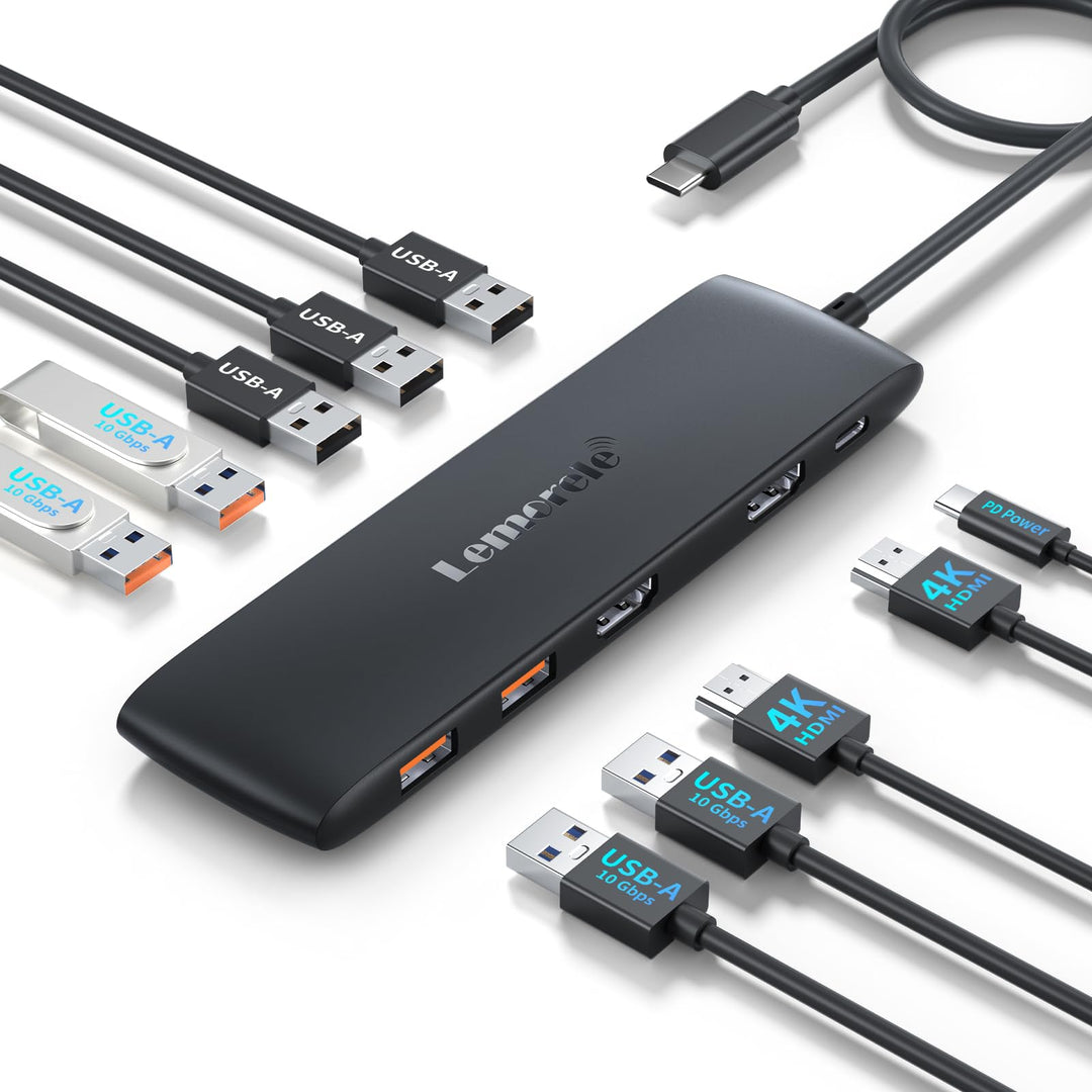 Lemorele USB C Docking Station 2 Monitore Hub, 10-in-1 USB Adapter mit 2 * 4K HDMI,3*USB 3.2(10Gbps)