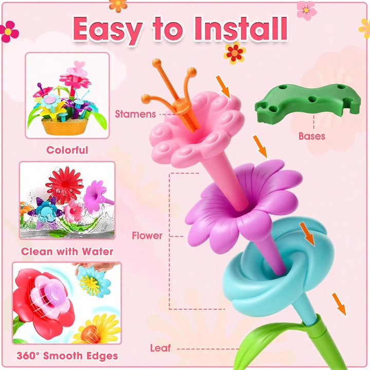 Fivejoy Blumengarten Spielzeug Für Mädchen 134PCS, DIY Bouquet Set Mit Rosa Box Draussen & Drinnen S