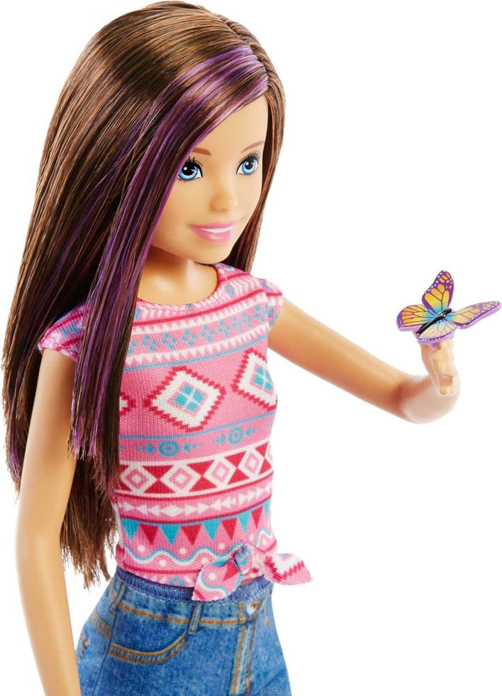Barbie Camping Serie, Campingset mit Skipper-Puppe, Schmetterling, Hase, Camping Zubehör, Aufkleber,