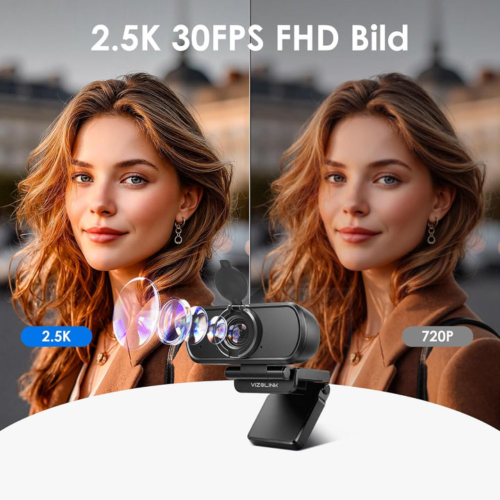 N51A Webcam Full HD 2.5K/30PFS PC Kamera mit Dual Mikrofone, 110°Blickfeld, Belichtungskorrektur, Fe