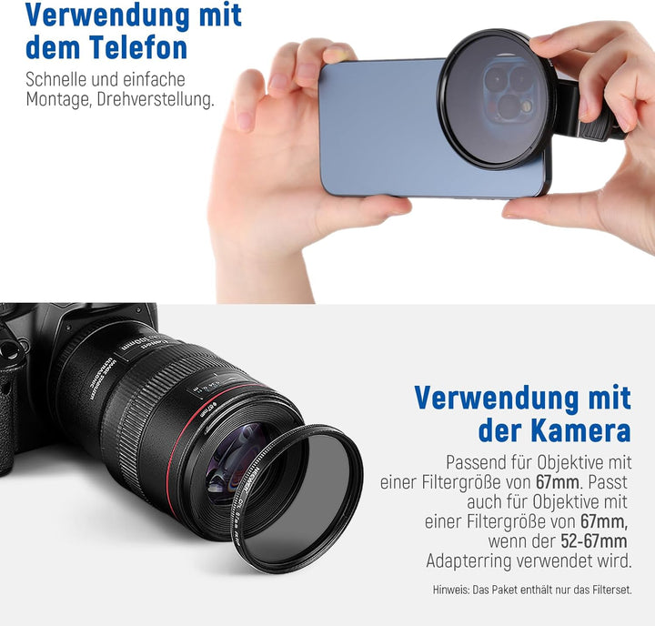 NEEWER 67mm ND+CPL+Effekt Filter Set mit Handy Phone Objektiv Klammer, Polfilter ND32, 6 Punkt Stern