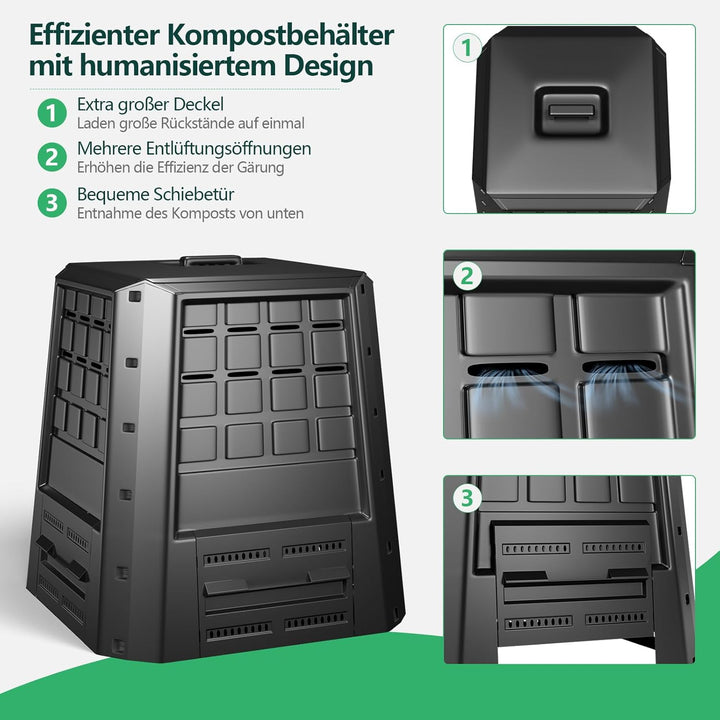 COSTWAY Garten Komposter 380 L, PP, Thermokomposter mit Deckel & verstellbaren Luftschlitzen, grosse