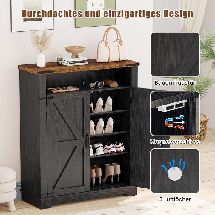 Schuhschrank mit 2 Türen, Schuhschrank Holz im Landhausstil, Schuhkommode mit verstellbaren Einlegeb
