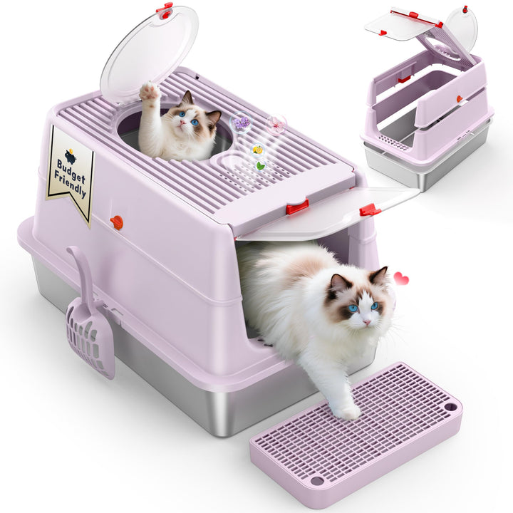 XXL Katzentoilette Edelstahl (V2A) - 3-in-1 Geschlossenes Katzenklo mit 160° Klappdeckel & Geruchsfi