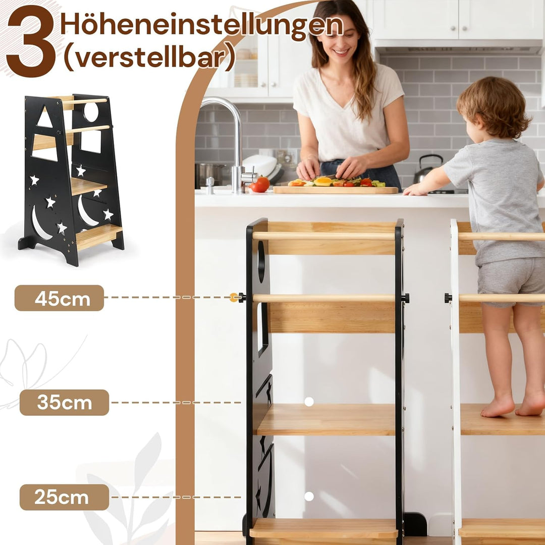 LEADZM Lernturm ab 1 Jahr，Learning Tower，3-Stufige Höhenverstellung aus Holz，mit Anti-Rutsch-Streife