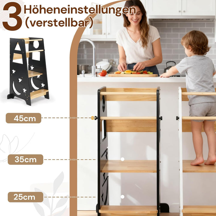 LEADZM Lernturm ab 1 Jahr，Learning Tower，3-Stufige Höhenverstellung aus Holz，mit Anti-Rutsch-Streife