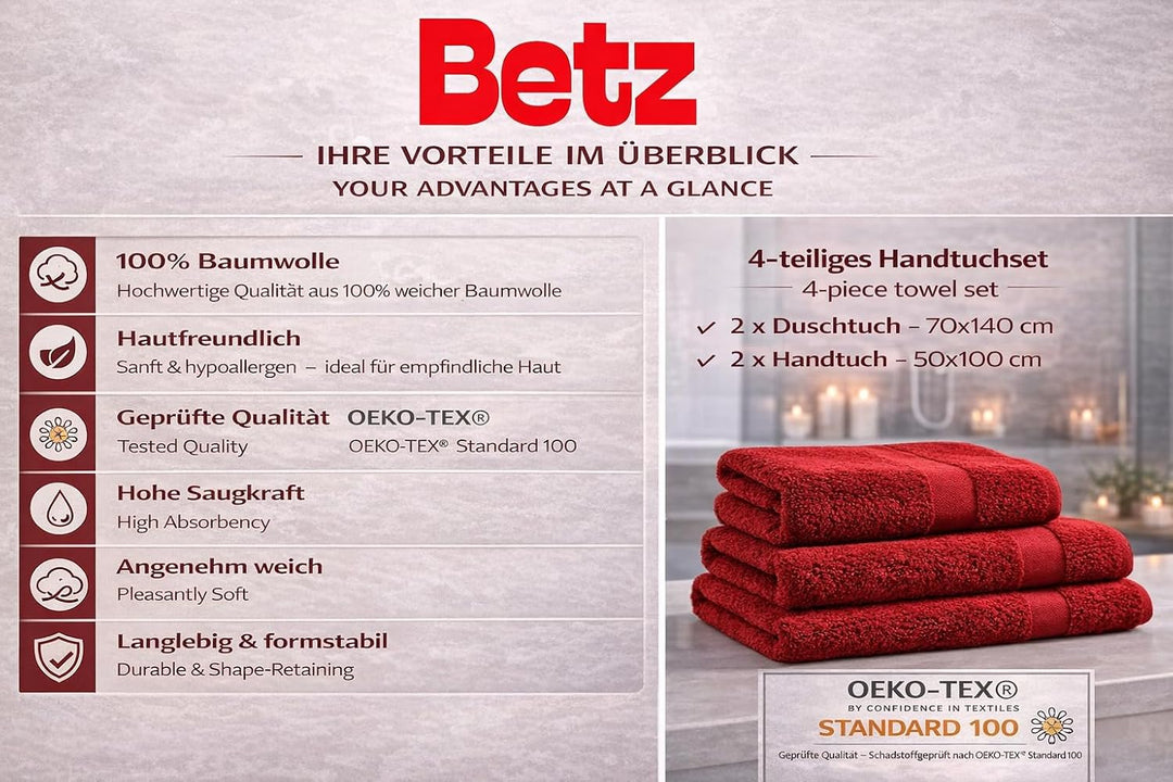 Betz 4-TLG. Handtuch Set Premium 100% Baumwolle 2 Duschtücher Duschtuch Grösse 70 x 140 cm 2 Handtüc