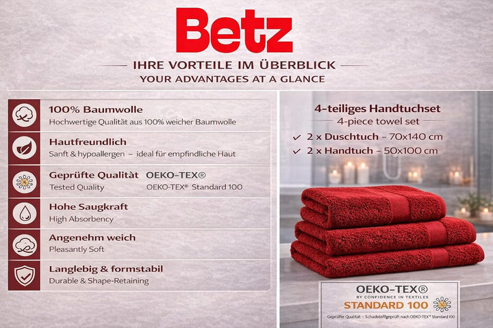Betz 4-TLG. Handtuch Set Premium 100% Baumwolle 2 Duschtücher Duschtuch Grösse 70 x 140 cm 2 Handtüc