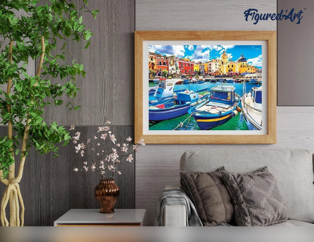 Figured'Art Malen Nach Zahlen Erwachsene Mit Rahmen Kleine Fischerboote im Hafen - Paint by Numbers