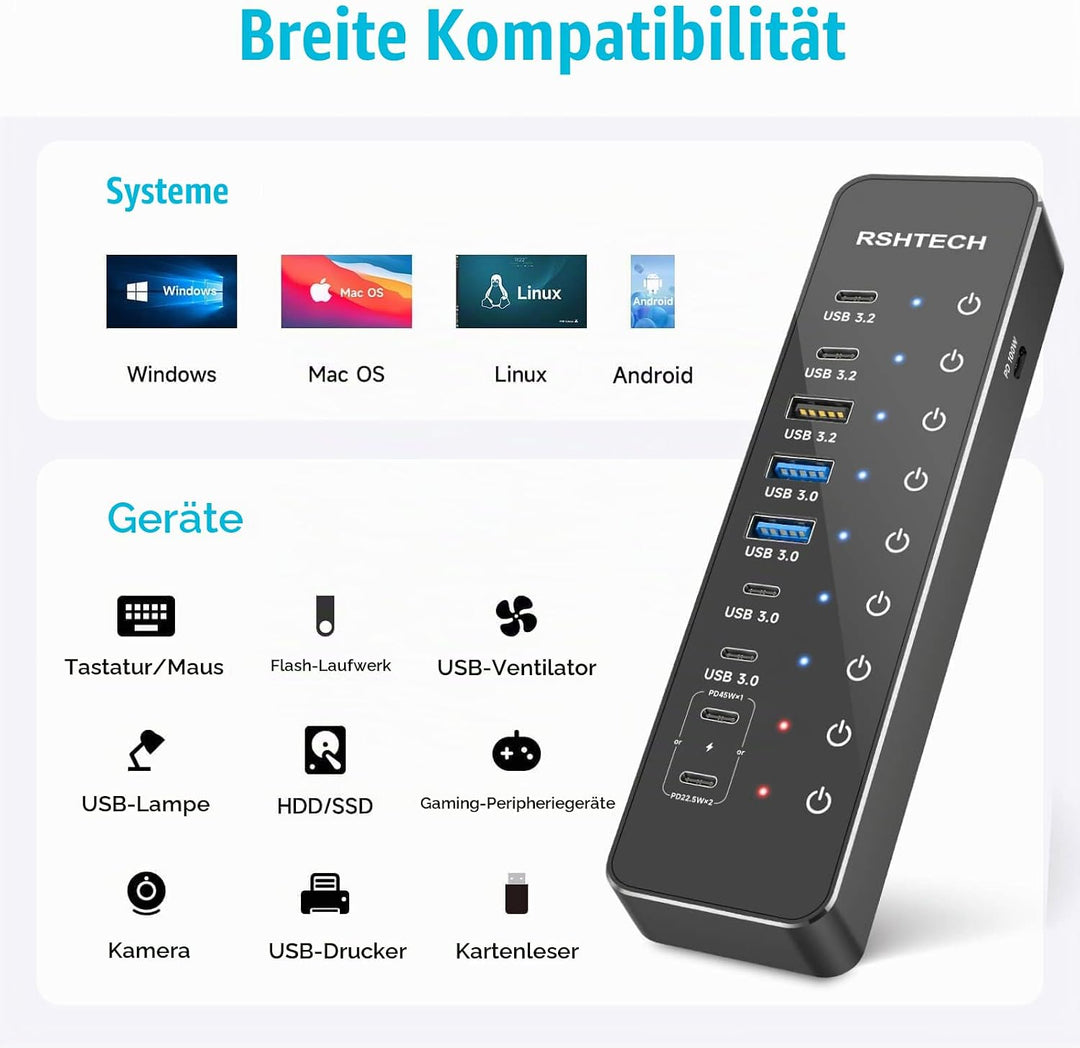 RSHTECH 10 Ports USB C Hub mit Netzteil - 3 USB 3.2 Gen 2 (2 Type C*1 Type A), 4 USB 3.0 (2 Typ C*2