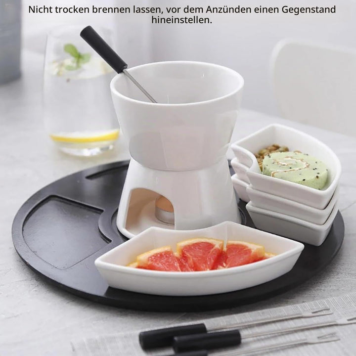 300ML Schokoladenfondue mit 4 Keramiktellern und 4 Gabeln,Keramik Schokofondue Set,für Käse Fondue F