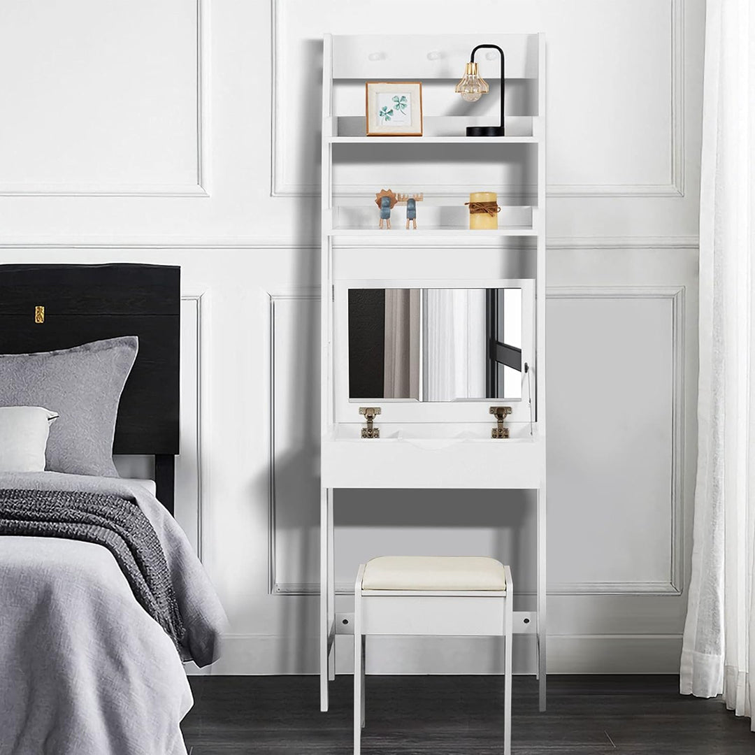 DREAMADE Schminktisch, Kosmetiktisch mit Klappspiegel & Leiterregal, Make-up Tisch aus Holz, Frisier