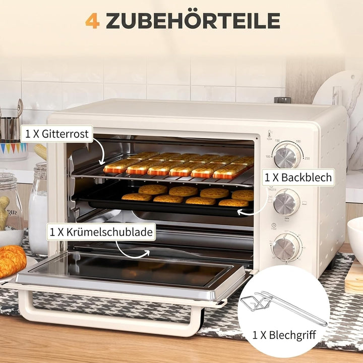 HOMCOM Mini Backofen 21L Pizza-Ofen, Miniofen inkl. Backblech, Grillrost und Krümmelblech, 1400W Tis