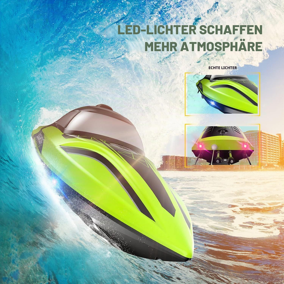 DEERC RC Boot mit LED-Licht, ferngesteuertes, für Pools und Seen, 20+ km/h, 2,4-GHz-Rennboote mit 2
