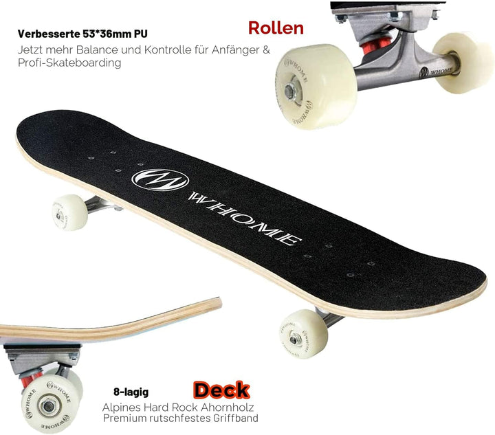 WHOME Pro Skateboards Komplett für Erwachsene/Kinder Mädchen/Jungen Anfänger/Profi - 31 x 8 Zoll Sta
