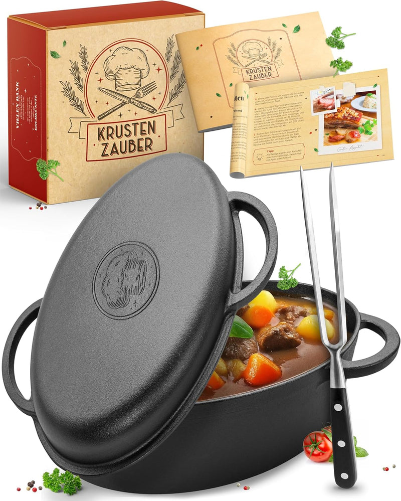 KRUSTENZAUBER 35cm Gusseisen Bräter mit Deckel backofengeeignet [inkl. Fleischgabel] - Gusseisen Top
