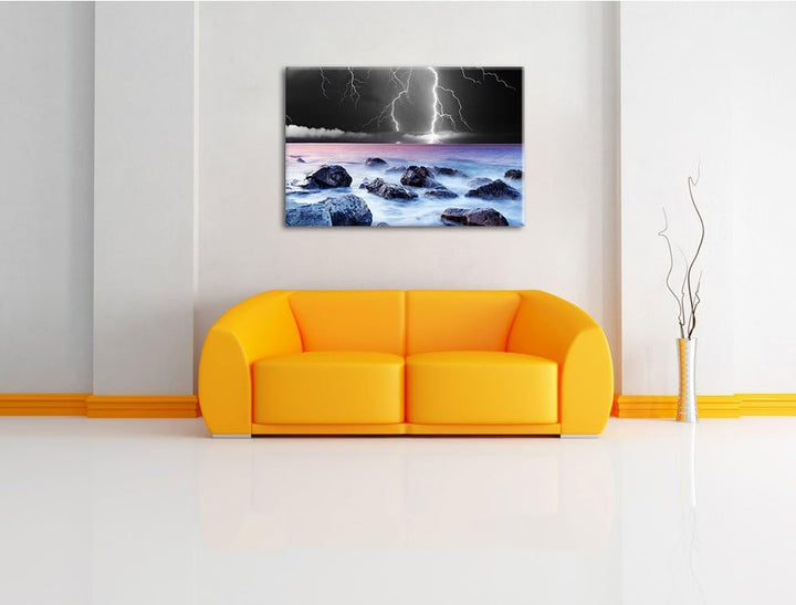 Blitze über dem Meer schwarz/weiss Format: 100x70 auf Leinwand, XXL riesige Bilder fertig gerahmt mi