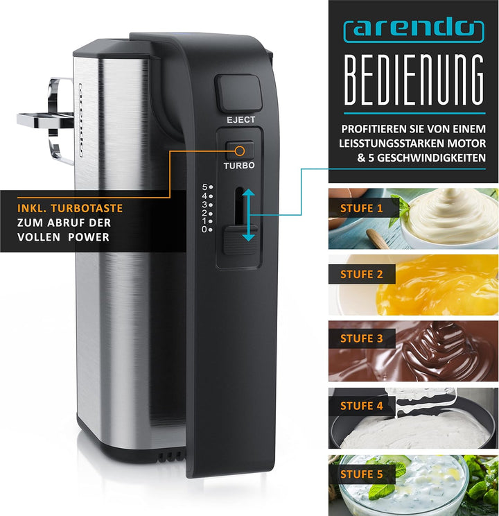 Arendo - Handmixer, Handrührer, 350 Watt, 2 Rührbesen, 2 Edelstahl-Knethaken, spülmaschinengeeignet,