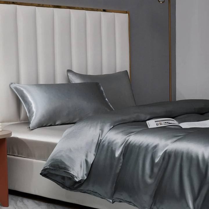 Satin Bettwäsche 155x220 Glänzend Grau Anthrazit Dunkelgrau Seide Glatt Glanzsatin Einfarbig Bettbez