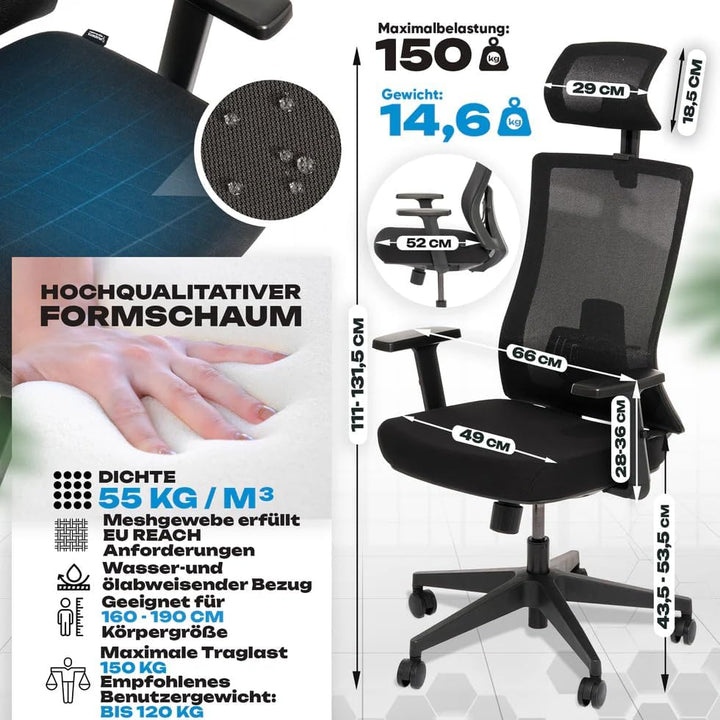 VALKENSTOL M3 Ergonomischer Bürostuhl 150 kg – [Höhenverstellbare Lordosenstütze] Schreibtischstuhl