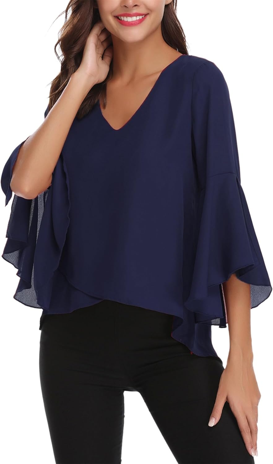 Gyabnw Damen Chiffon Bluse Volantärmeln Tunika 3/4 Arm Elegant Chiffontunika Festlich Chiffon Bluse