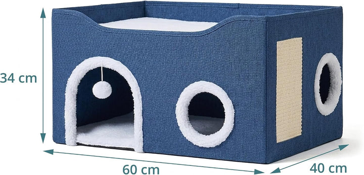 Relaxdays Katzenhöhle, H x B x T: 34 x 60 x 40 cm, Kratzfläche, blau | Spielball, 2 Katzenkissen, fa