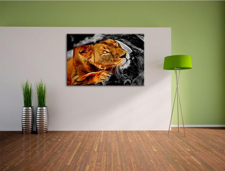 listige Löwin schwarz/weiss Deluxe Format: 100x70 cm auf Leinwand, XXL riesige Bilder fertig gerahmt