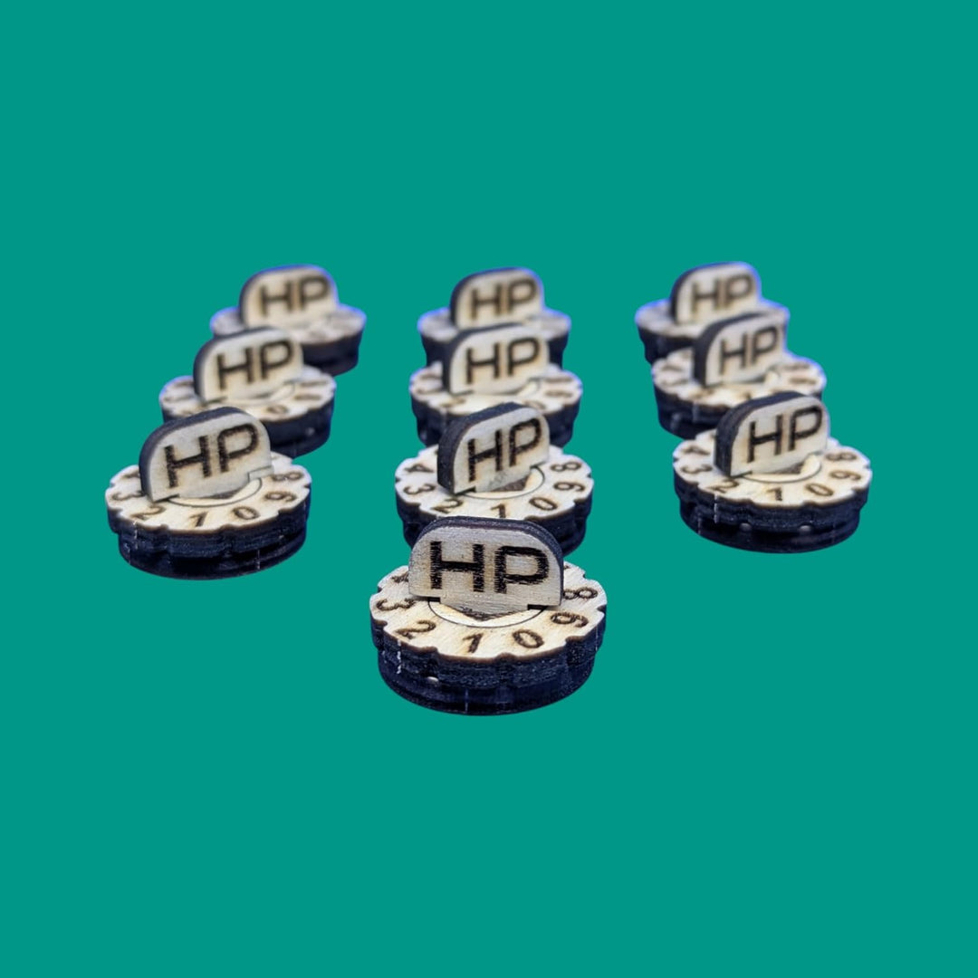 Mini Lebenspunkte-Zähler 0–9 aus Holz – 10er Set – 20 mm Einheitenmarker für Tabletop & Fantasy Spie